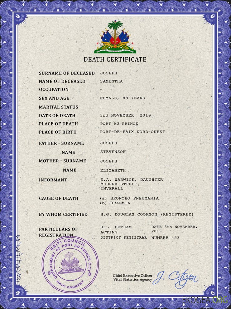 Modèle PSD de certificat de décès d'Haïti